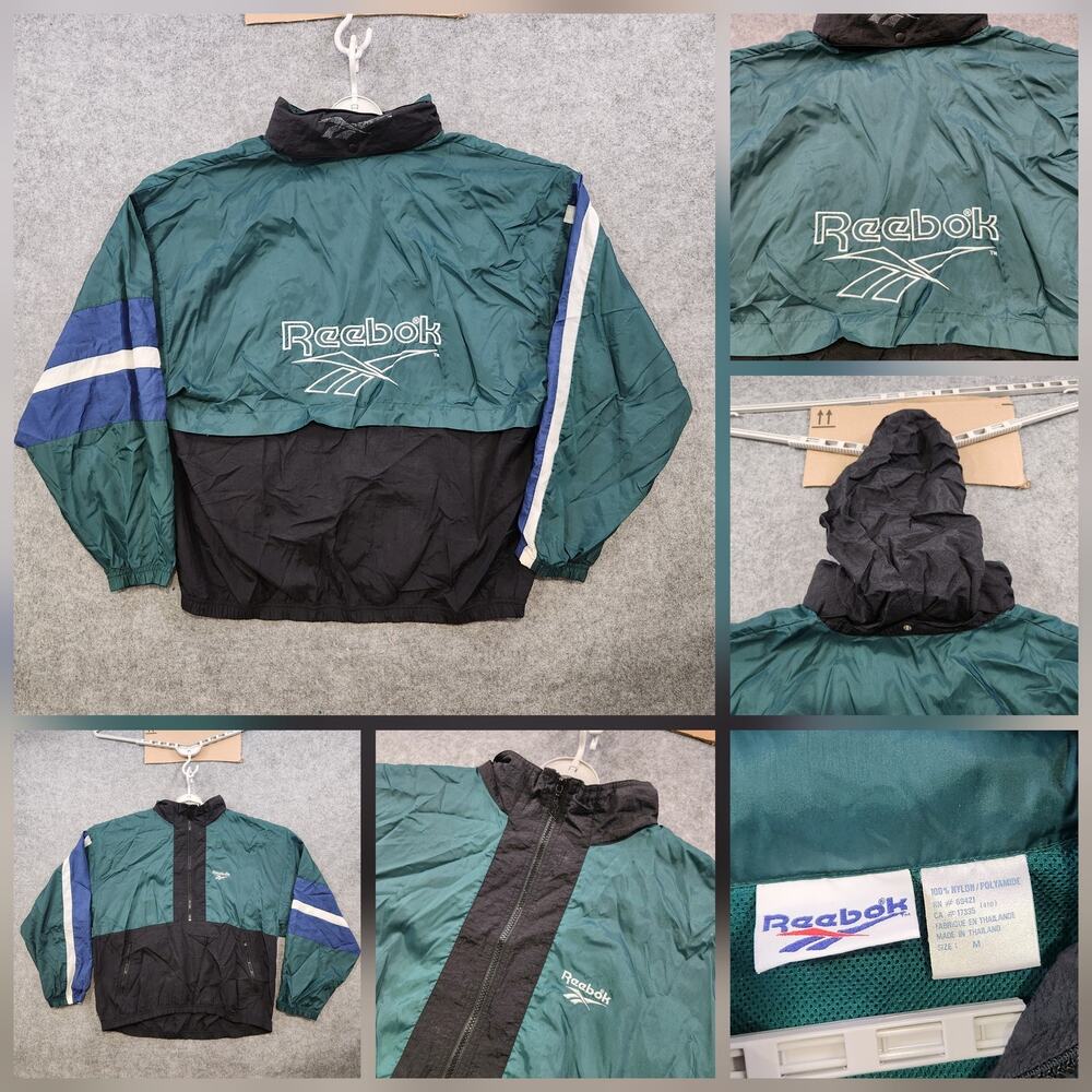 VTG 90s Reebok Jacket Mens M Medium Hooded Windbreaker 1/2 Zip Track Pullover